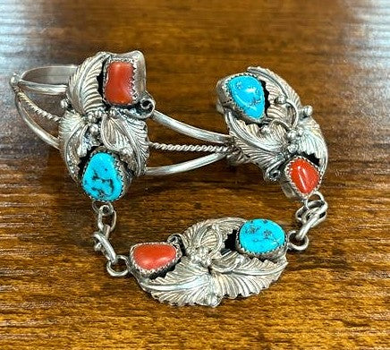 Vintage Navajo Sterling Silver Slave Bracelet Kingman Turquoise & Red Coral - Sterling Silver Southwestern Hand Chain Kingman Turquoise & Red Coral Gems