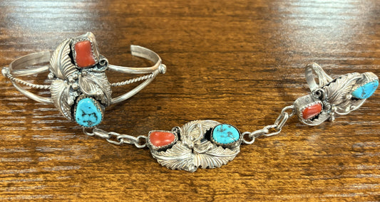 Vintage Navajo Sterling Silver Slave Bracelet Kingman Turquoise & Red Coral - Sterling Silver Southwestern Hand Chain Kingman Turquoise & Red Coral Gems