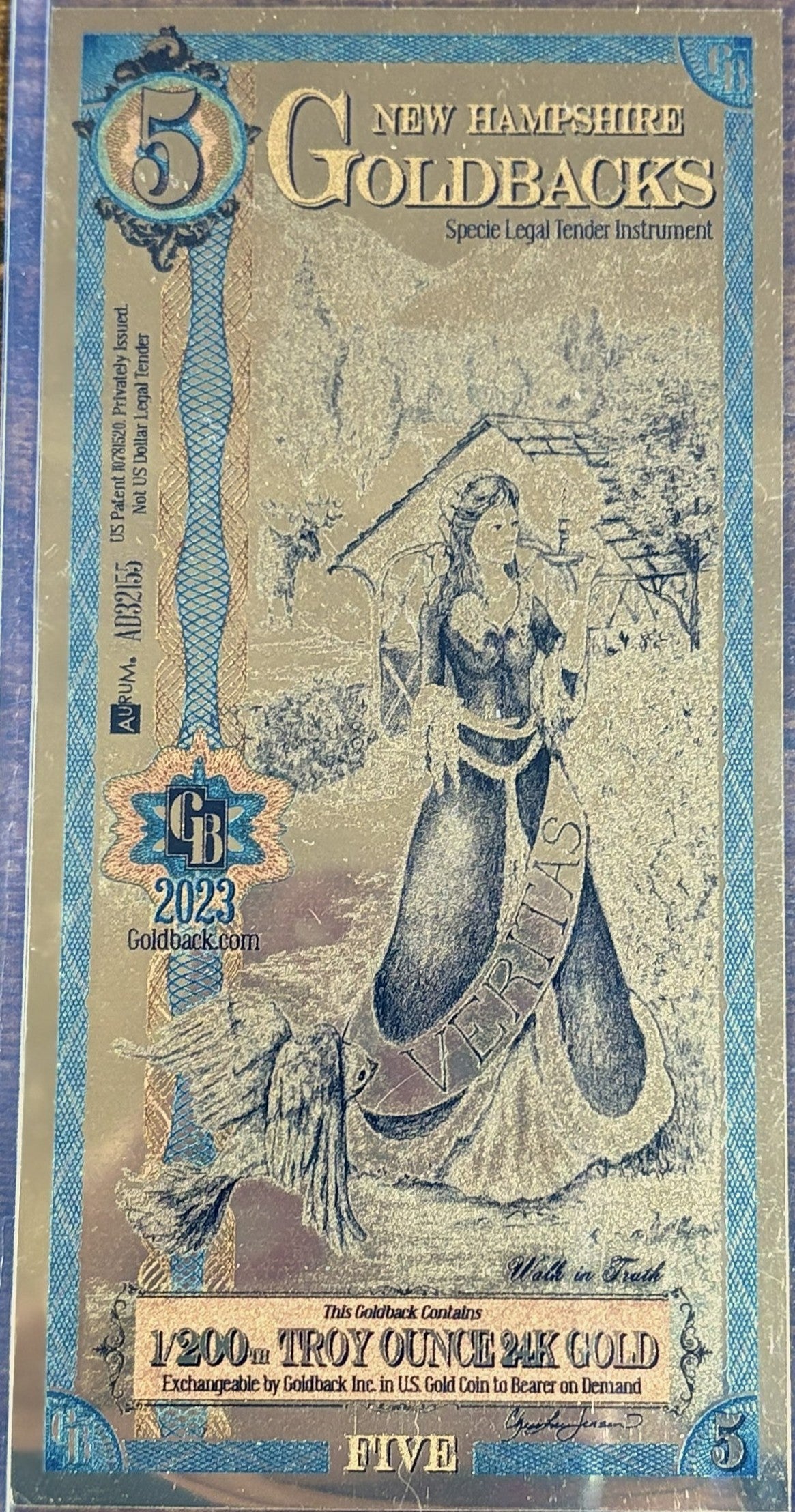 2023 New Hampshire 5 Goldback 1/200 oz Papel de Oro 24K - 5 New Hampshire Goldback 2023 Diseño Veritas, Papel de Oro 24K