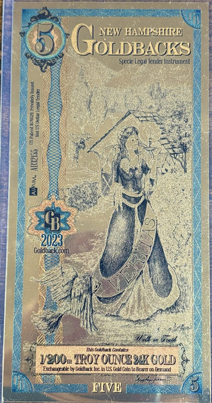 2023 New Hampshire 5 Goldback 1/200 oz Papel de Oro 24K - 5 New Hampshire Goldback 2023 Diseño Veritas, Papel de Oro 24K
