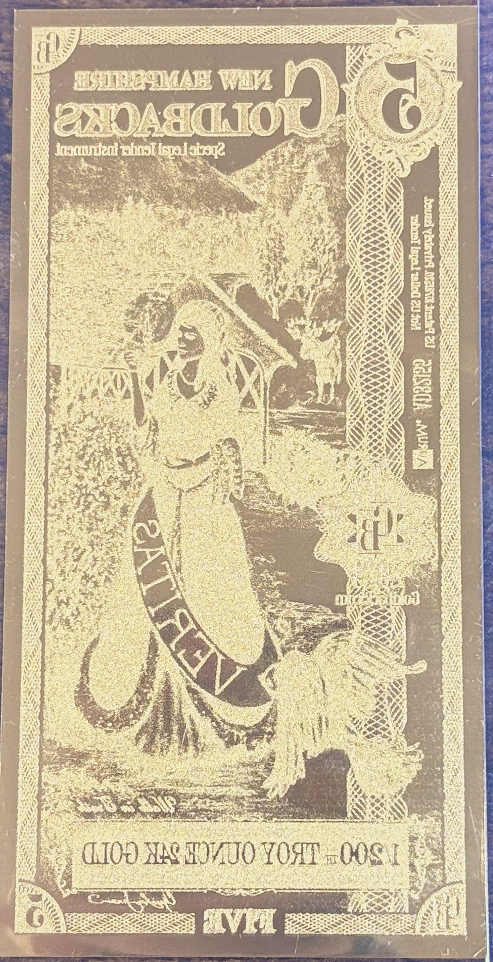 2023 New Hampshire 5 Goldback 1/200 oz Papel de Oro 24K - 5 New Hampshire Goldback 2023 Diseño Veritas, Papel de Oro 24K