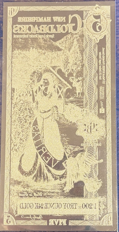 2023 New Hampshire 5 Goldback 1/200 oz Papel de Oro 24K - 5 New Hampshire Goldback 2023 Diseño Veritas, Papel de Oro 24K