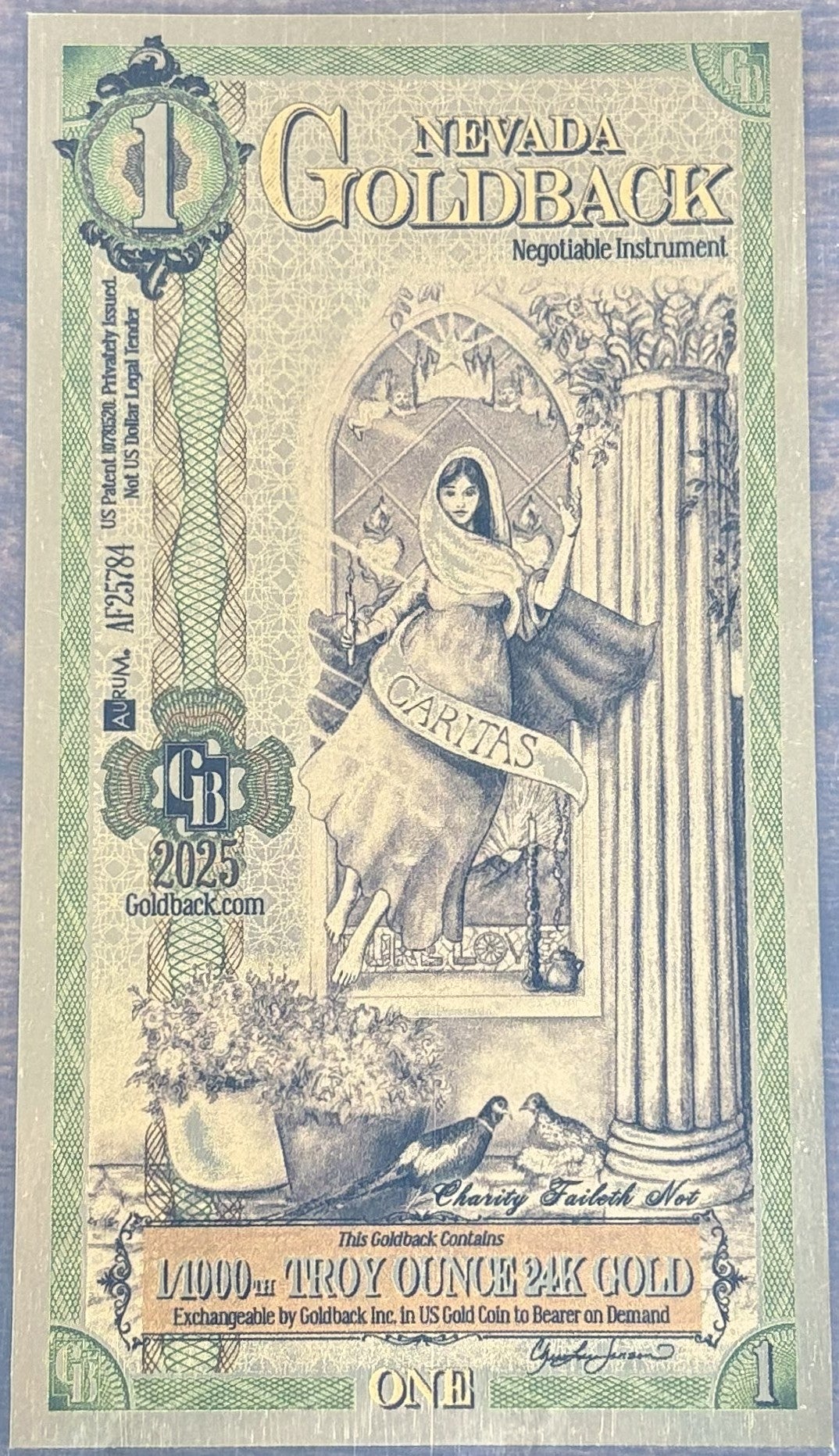 2025 Nevada 1 Goldback 1/1000th Oz 24K Gold Foil Note - 1 Nevada Goldback 2025 Gratia Design, 24kt Gold Note