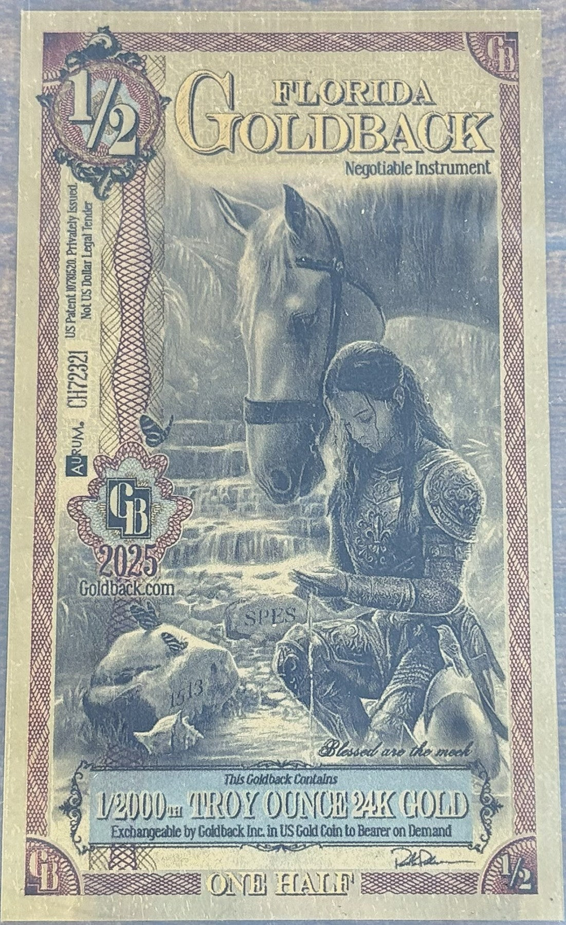 2025 Florida 1/2 Goldback 1/2000th Oz 24K Gold Foil Note - 1/2 Florida Goldback 2025 Spes, Hope Design, 24kt Gold Note