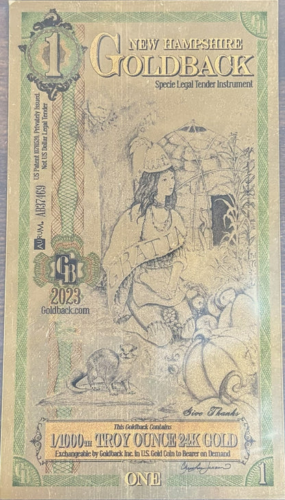 2025 New Hampshire 1 Goldback 1/1000th Oz 24K Gold Foil Note - 1 New Hampshire Goldback 2025 Gratia Design, 24kt Gold Note