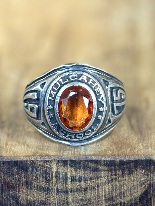Vintage 1976 Mulcahey School Class Ring Sterling Silver by O'Neil Co Size 9 - O'Neil Co Sterling Silver 1976 Mulcahey School Ring Orange Stone Size 9