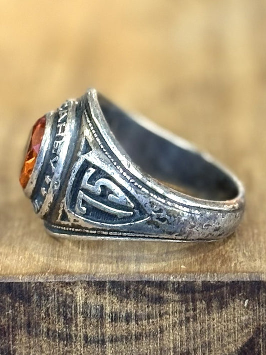 Vintage 1976 Mulcahey School Class Ring Sterling Silver by O'Neil Co Size 9 - O'Neil Co Sterling Silver 1976 Mulcahey School Ring Orange Stone Size 9