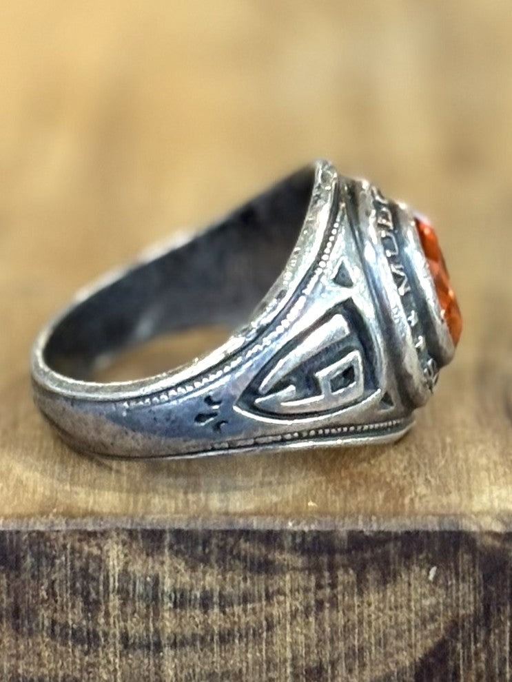 Vintage 1976 Mulcahey School Class Ring Sterling Silver by O'Neil Co Size 9 - O'Neil Co Sterling Silver 1976 Mulcahey School Ring Orange Stone Size 9