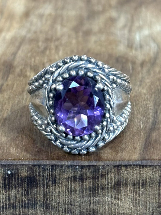 Boho Chic Sterling Silver Rope Detail Amethyst Ring Size 7 Statement Piece - Filigree Amethyst Statement Ring Sterling Silver Women's Size 7