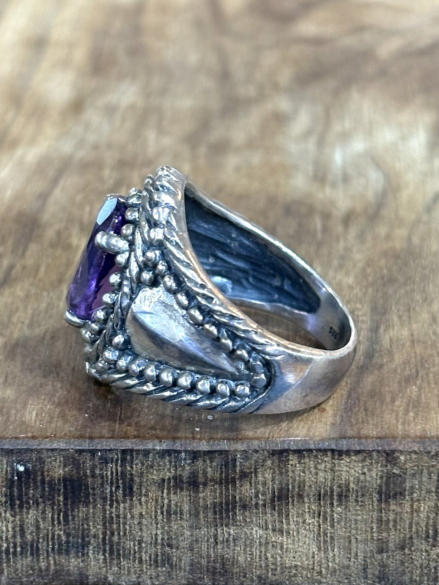Boho Chic Sterling Silver Rope Detail Amethyst Ring Size 7 Statement Piece - Filigree Amethyst Statement Ring Sterling Silver Women's Size 7