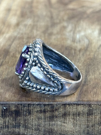 Boho Chic Sterling Silver Rope Detail Amethyst Ring Size 7 Statement Piece - Filigree Amethyst Statement Ring Sterling Silver Women's Size 7