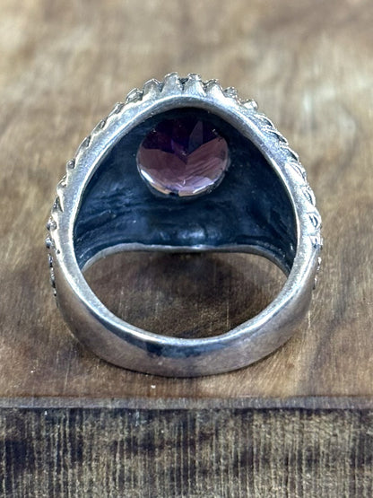 Boho Chic Sterling Silver Rope Detail Amethyst Ring Size 7 Statement Piece - Filigree Amethyst Statement Ring Sterling Silver Women's Size 7