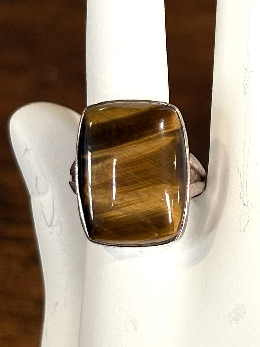 Large Rectangular Tiger’s Eye Statement Ring in Sterling Silver Size 6.5 - Natural Banded Tiger’s Eye Gemstone Ring, Handcrafted 925 Silver, Size 6.5