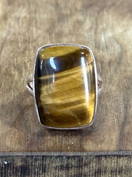 Large Rectangular Tiger’s Eye Statement Ring in Sterling Silver Size 6.5 - Natural Banded Tiger’s Eye Gemstone Ring, Handcrafted 925 Silver, Size 6.5