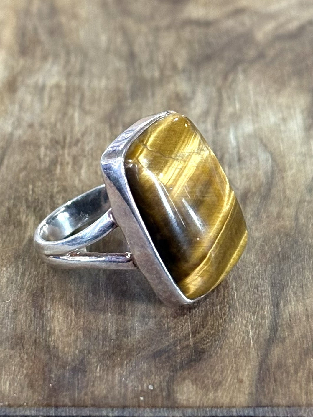 Large Rectangular Tiger’s Eye Statement Ring in Sterling Silver Size 6.5 - Natural Banded Tiger’s Eye Gemstone Ring, Handcrafted 925 Silver, Size 6.5