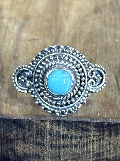 Artisan Himalayan Turquoise Ring 925 Sterling Silver Size 7.5 Boho Statement Jewelry - Handmade Tibetan Turquoise Ring, Genuine Sterling Silver, Size 7.5, Ornate Filigree Design