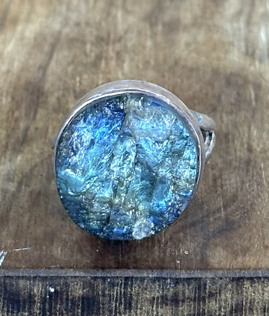 Natural Raw Blue Labradorite Statement Ring 925 Sterling Silver Bezel Size 8 - Large Round Labradorite Crystal Ring Iridescent Blue Fire Solid 925 Silver
