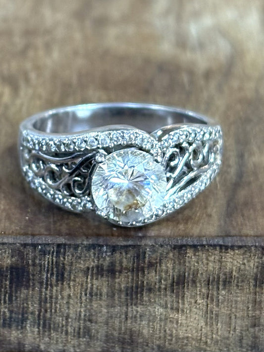 Vintage 925 Sterling Silver Round CZ Filigree Bypass Ring Size 10 - Art Deco Style Cubic Zirconia Engagement Ring SterlingSilver