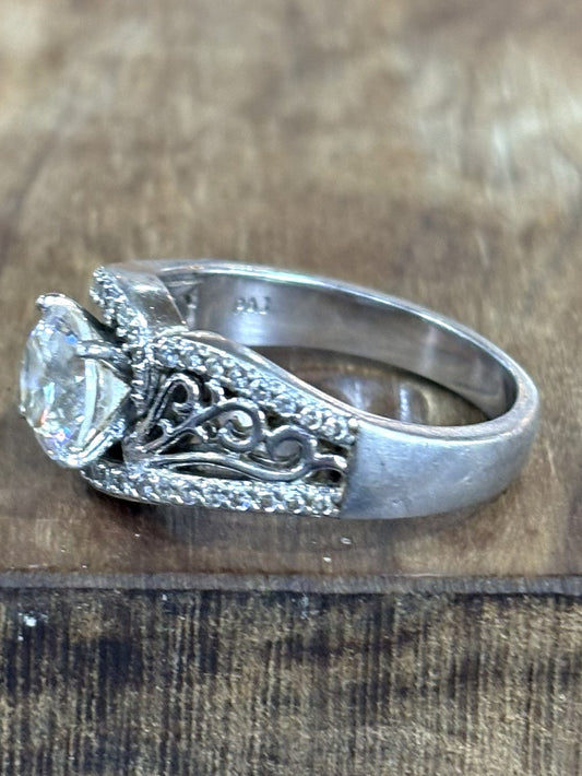 Vintage 925 Sterling Silver Round CZ Filigree Bypass Ring Size 10 - Art Deco Style Cubic Zirconia Engagement Ring SterlingSilver