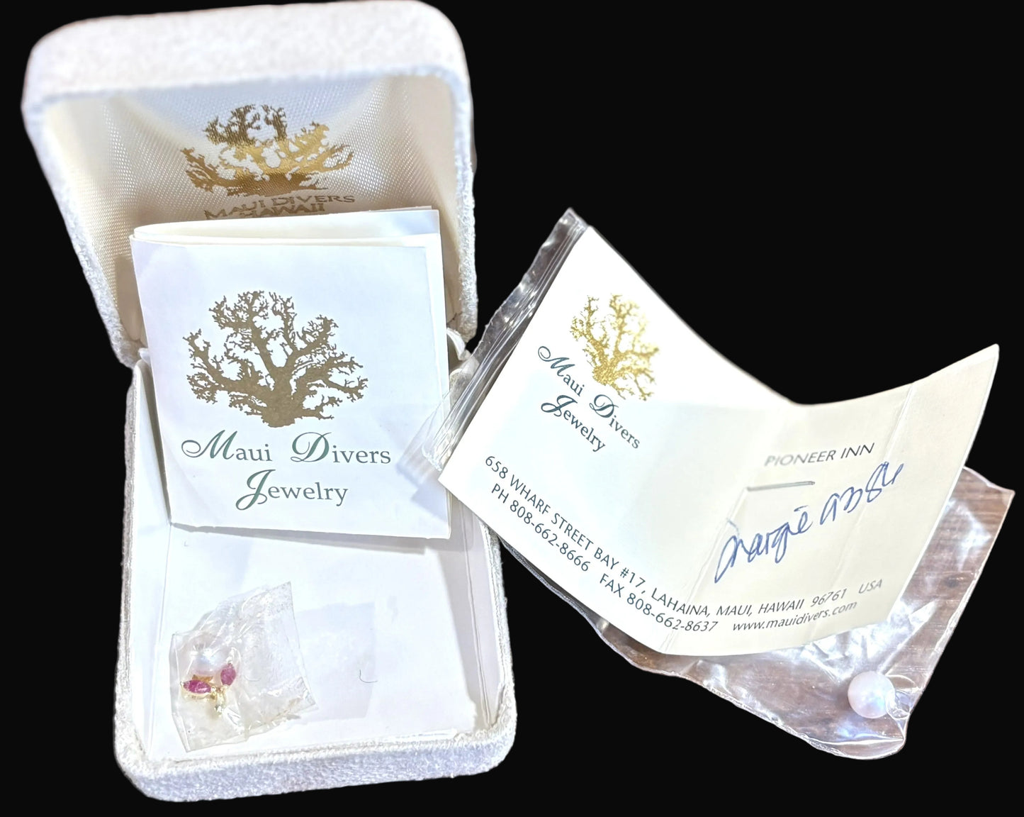 Maui Divers 14K Gold, Ruby & Pearl Hawaiian Floral Pendant - Maui Divers Ruby Flower & Pearl Pendant 14K Gold NIB with Spare Pearl