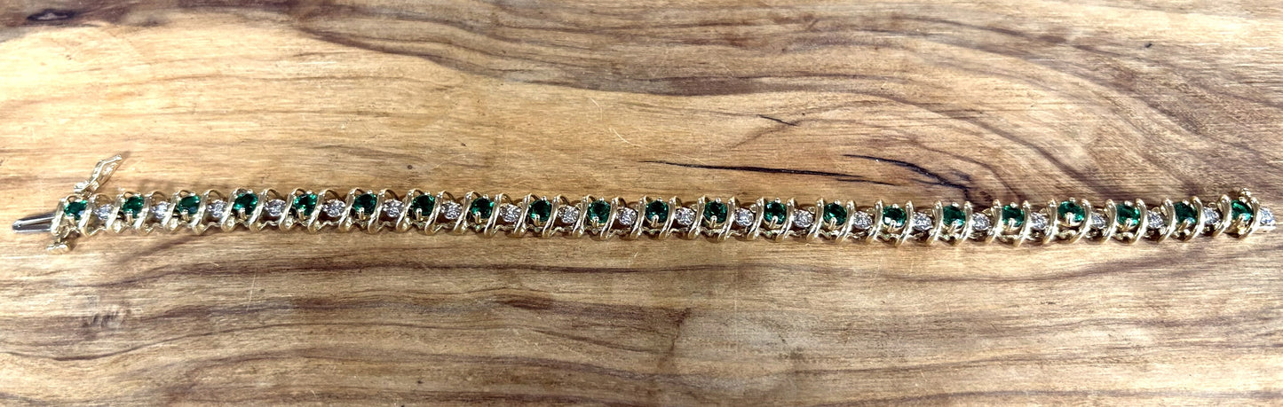 Nissko 10K Yellow Gold Lab Created Emerald and Diamond Tennis Bracelet - Classic S Design 10K Gold Emerald and Diamond Tennis Bracelet by Nissko