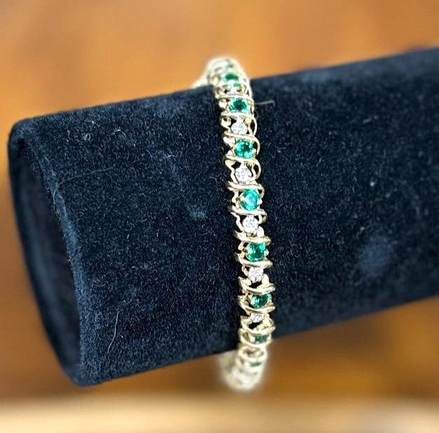 Nissko 10K Yellow Gold Lab Created Emerald and Diamond Tennis Bracelet - Classic S Design 10K Gold Emerald and Diamond Tennis Bracelet by Nissko