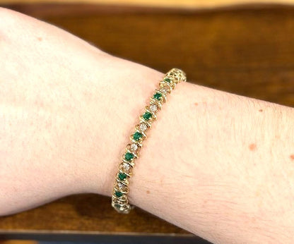 Nissko 10K Yellow Gold Lab Created Emerald and Diamond Tennis Bracelet - Classic S Design 10K Gold Emerald and Diamond Tennis Bracelet by Nissko