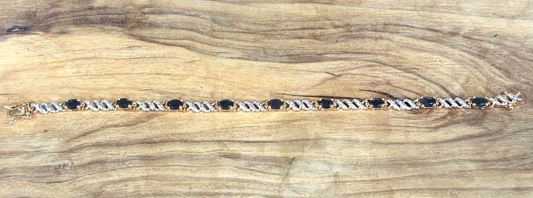 Vintage Ross-Simons 925 Sterling Silver Sapphire & Faux Diamond Tennis Bracelet - Ross-Simons R Hallmark Blue Sapphire Tennis Bracelet Gold & 925 Silver