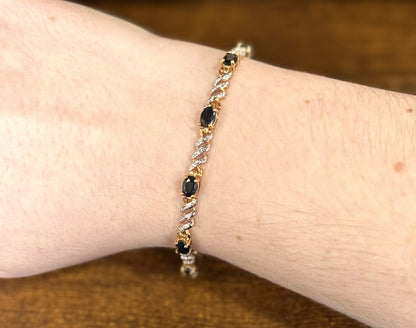 Vintage Ross-Simons 925 Sterling Silver Sapphire & Faux Diamond Tennis Bracelet - Ross-Simons R Hallmark Blue Sapphire Tennis Bracelet Gold & 925 Silver