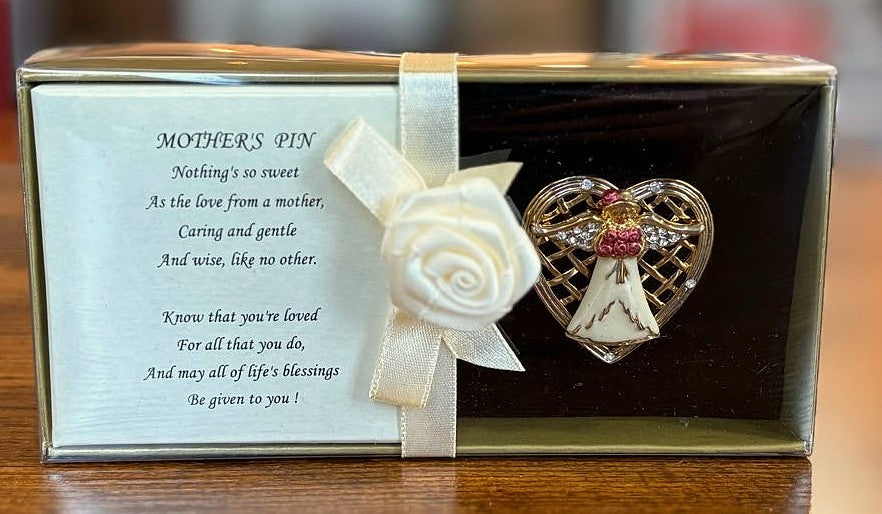 Angel Pin for Mom with Mother Poem Brooch and Filigree Heart Frame - Heart Shaped Mothers Pin with Guardian Angel and Inspirational Verse