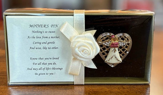 Angel Pin for Mom with Mother Poem Brooch and Filigree Heart Frame - Heart Shaped Mothers Pin with Guardian Angel and Inspirational Verse