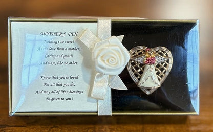 Angel Pin for Mom with Mother Poem Brooch and Filigree Heart Frame - Heart Shaped Mothers Pin with Guardian Angel and Inspirational Verse
