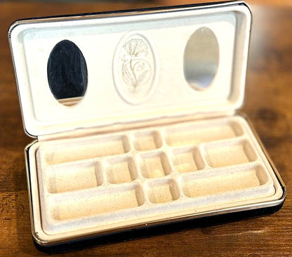 Vintage Black Velvet Travel Jewelry Box Clamshell Case with Double Mirror - Mid Century Black Velvet Jewelry Organizer Gold Floral Motif & Tray