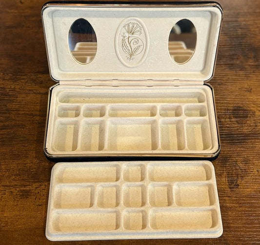 Vintage Black Velvet Travel Jewelry Box Clamshell Case with Double Mirror - Mid Century Black Velvet Jewelry Organizer Gold Floral Motif & Tray