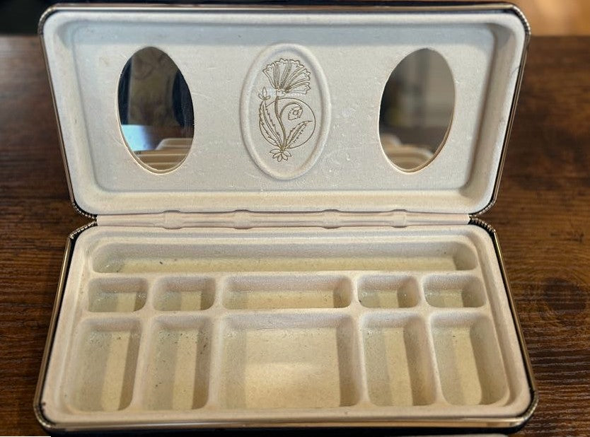 Vintage Black Velvet Travel Jewelry Box Clamshell Case with Double Mirror - Mid Century Black Velvet Jewelry Organizer Gold Floral Motif & Tray