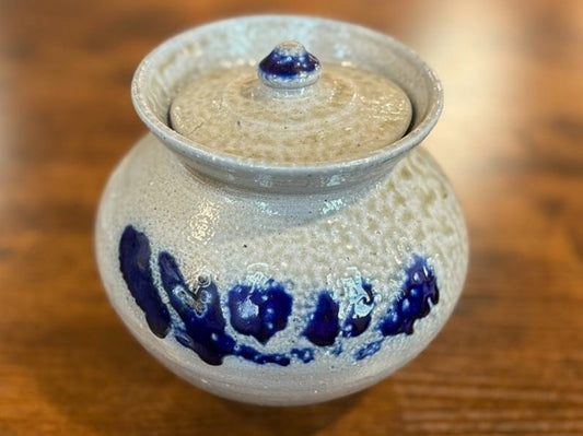 Authentic Jugtown Pottery Salt Glazed Lidded Jar with Cobalt Blue Decor - Vintage Seagrove North Carolina Pottery Cobalt Slip Salt Glaze Covered Vessel
