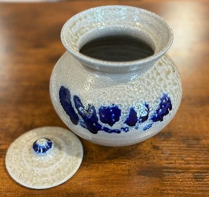 Authentic Jugtown Pottery Salt Glazed Lidded Jar with Cobalt Blue Decor - Vintage Seagrove North Carolina Pottery Cobalt Slip Salt Glaze Covered Vessel