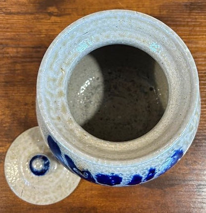 Authentic Jugtown Pottery Salt Glazed Lidded Jar with Cobalt Blue Decor - Vintage Seagrove North Carolina Pottery Cobalt Slip Salt Glaze Covered Vessel