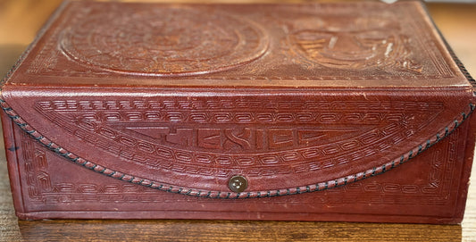 Vintage Mexican Hand-Tooled Leather Box - Heavy Relief Aztec Sun Stone & Warrior Design - Mid-Century Artisan Jewelry Valet
