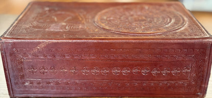 Vintage Mexican Hand-Tooled Leather Box - Heavy Relief Aztec Sun Stone & Warrior Design - Mid-Century Artisan Jewelry Valet