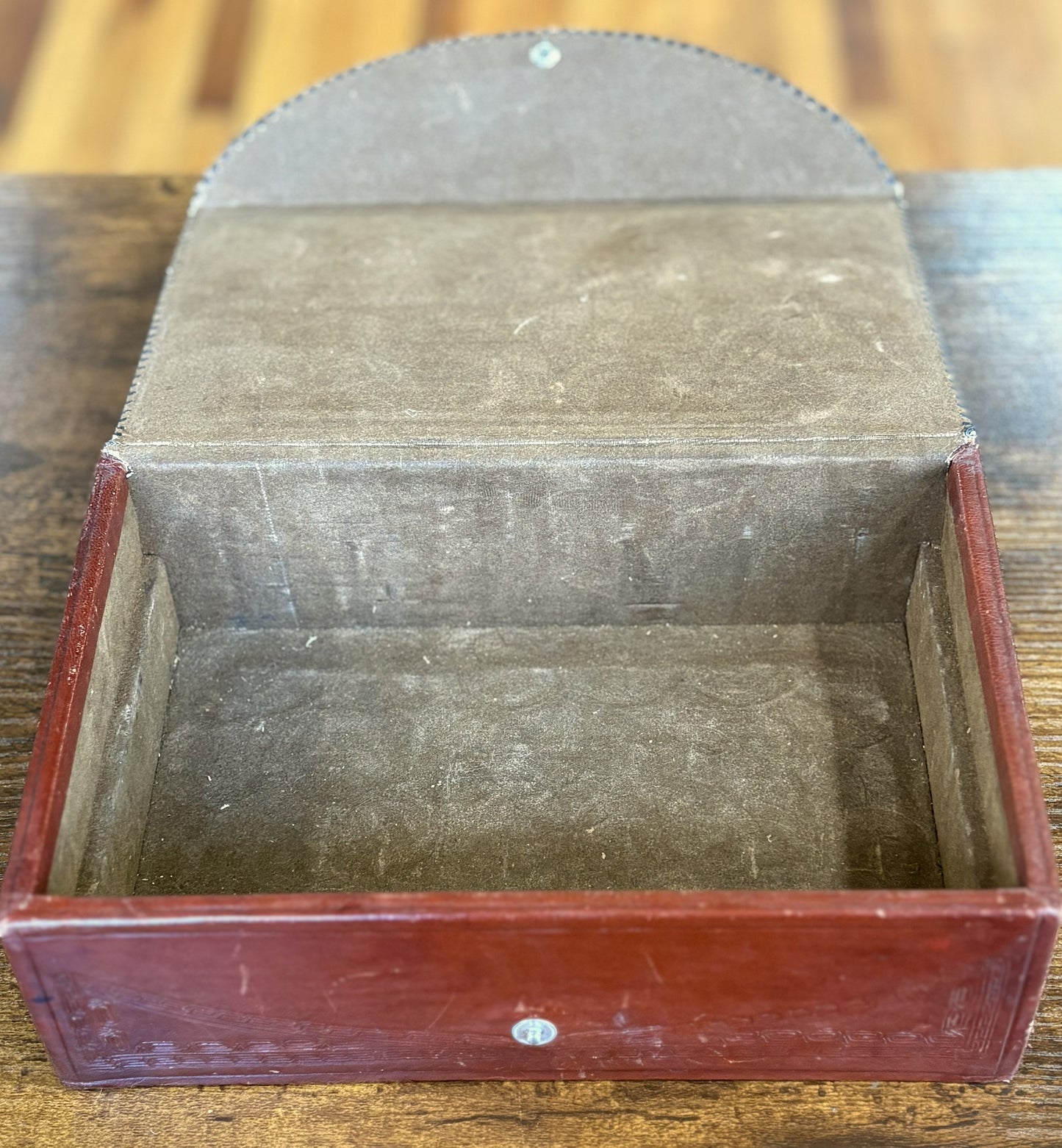 Vintage Mexican Hand-Tooled Leather Box - Heavy Relief Aztec Sun Stone & Warrior Design - Mid-Century Artisan Jewelry Valet