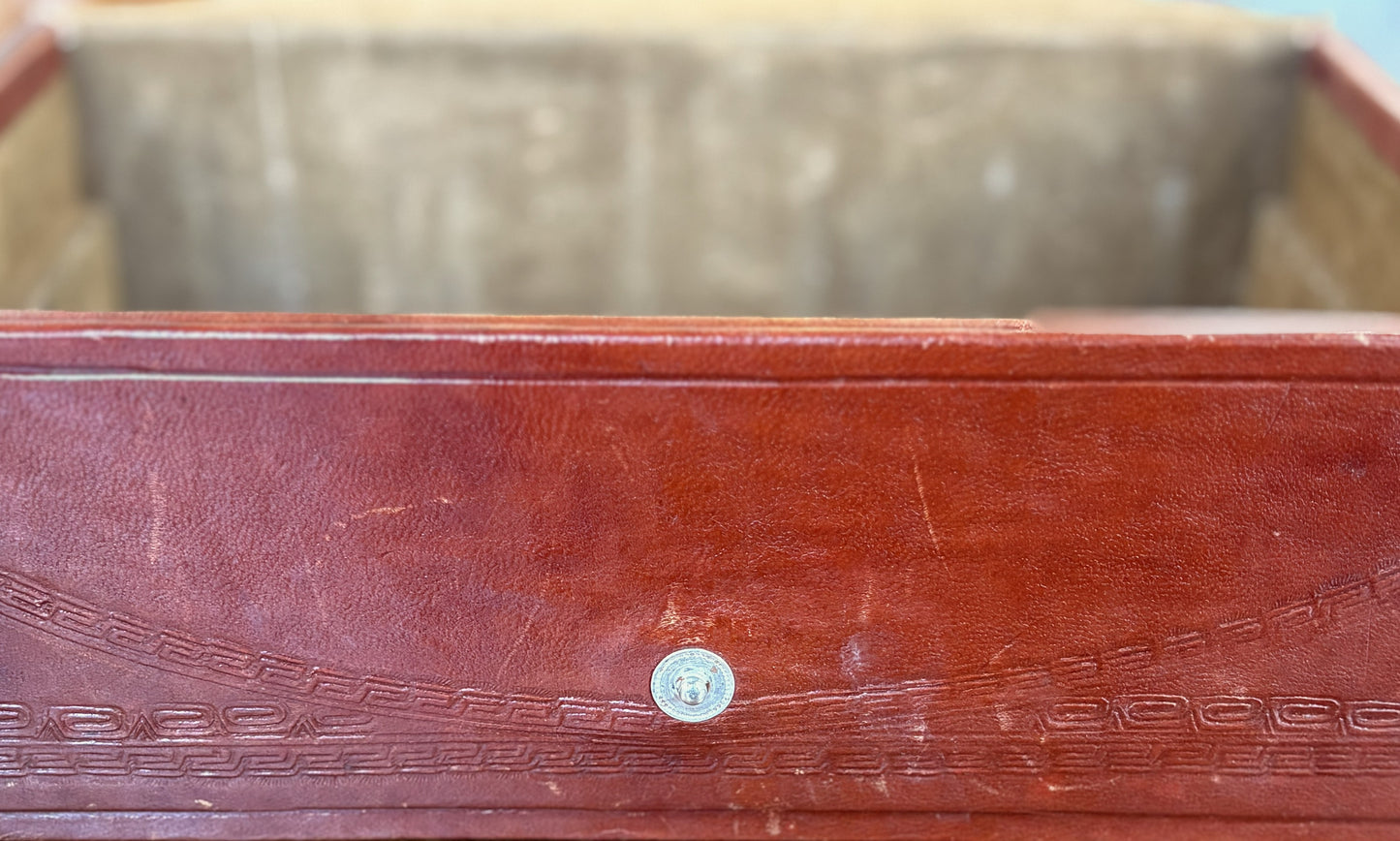 Vintage Mexican Hand-Tooled Leather Box - Heavy Relief Aztec Sun Stone & Warrior Design - Mid-Century Artisan Jewelry Valet