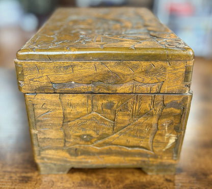 Vintage Chinese Hand-Carved Camphor Wood Jewelry Box with Brass Hardware - Mid-Century Chinese Carved Camphor Wood Trinket Box