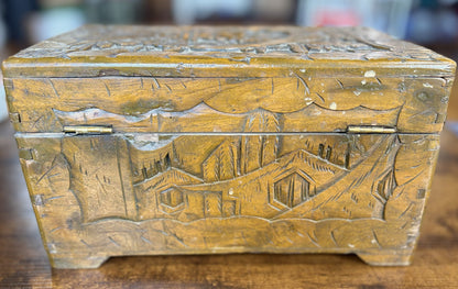 Vintage Chinese Hand-Carved Camphor Wood Jewelry Box with Brass Hardware - Mid-Century Chinese Carved Camphor Wood Trinket Box