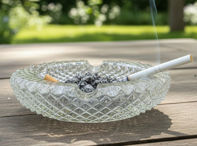 Vintage English Hobnail Crystal Ashtray 3 Notch Cigarette Holder - Diamond Cut Pressed Glass Ashtray Mid-Century Clear Crystal
