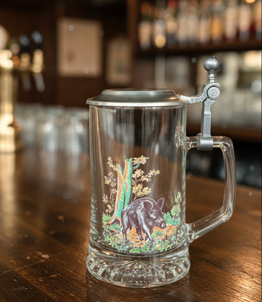 Vintage German Glass Beer Stein with Pewter Lid Wild Boar Design - Lidded German Glass Beer Mug, Wild Boar Hunting Scene