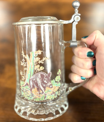 Vintage German Glass Beer Stein with Pewter Lid Wild Boar Design - Lidded German Glass Beer Mug, Wild Boar Hunting Scene