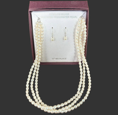 Sterling Silver 3-Strand Cultured Freshwater Pearl Necklace & Earring Set - Multi-Strand Freshwater Pearl Drop Earring & Necklace Jewelry Gift Set