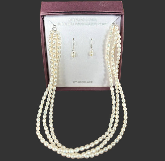 Sterling Silver 3-Strand Cultured Freshwater Pearl Necklace & Earring Set - Multi-Strand Freshwater Pearl Drop Earring & Necklace Jewelry Gift Set