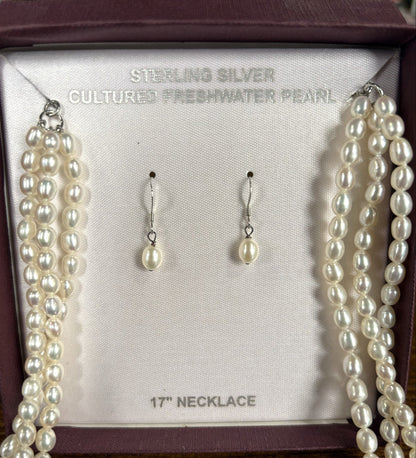 Sterling Silver 3-Strand Cultured Freshwater Pearl Necklace & Earring Set - Multi-Strand Freshwater Pearl Drop Earring & Necklace Jewelry Gift Set